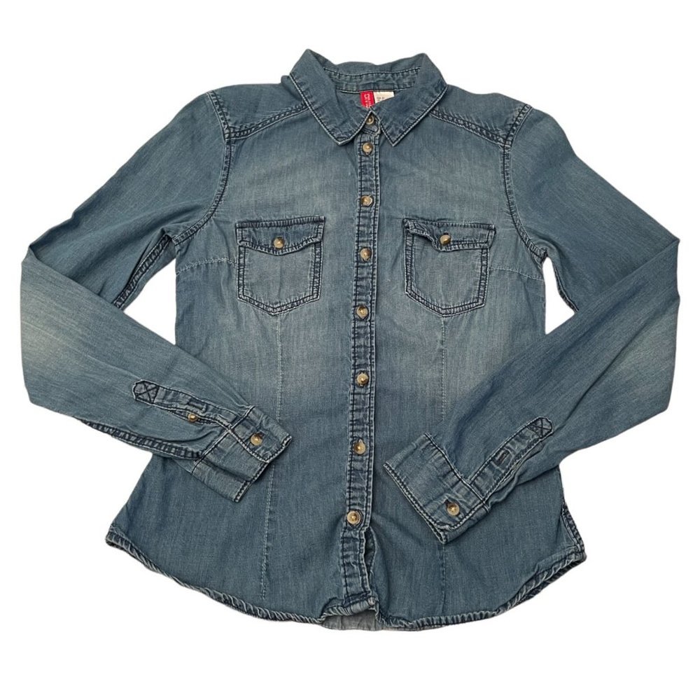 H&M Divided Blue Denim Fitted Shirt Button Size 2